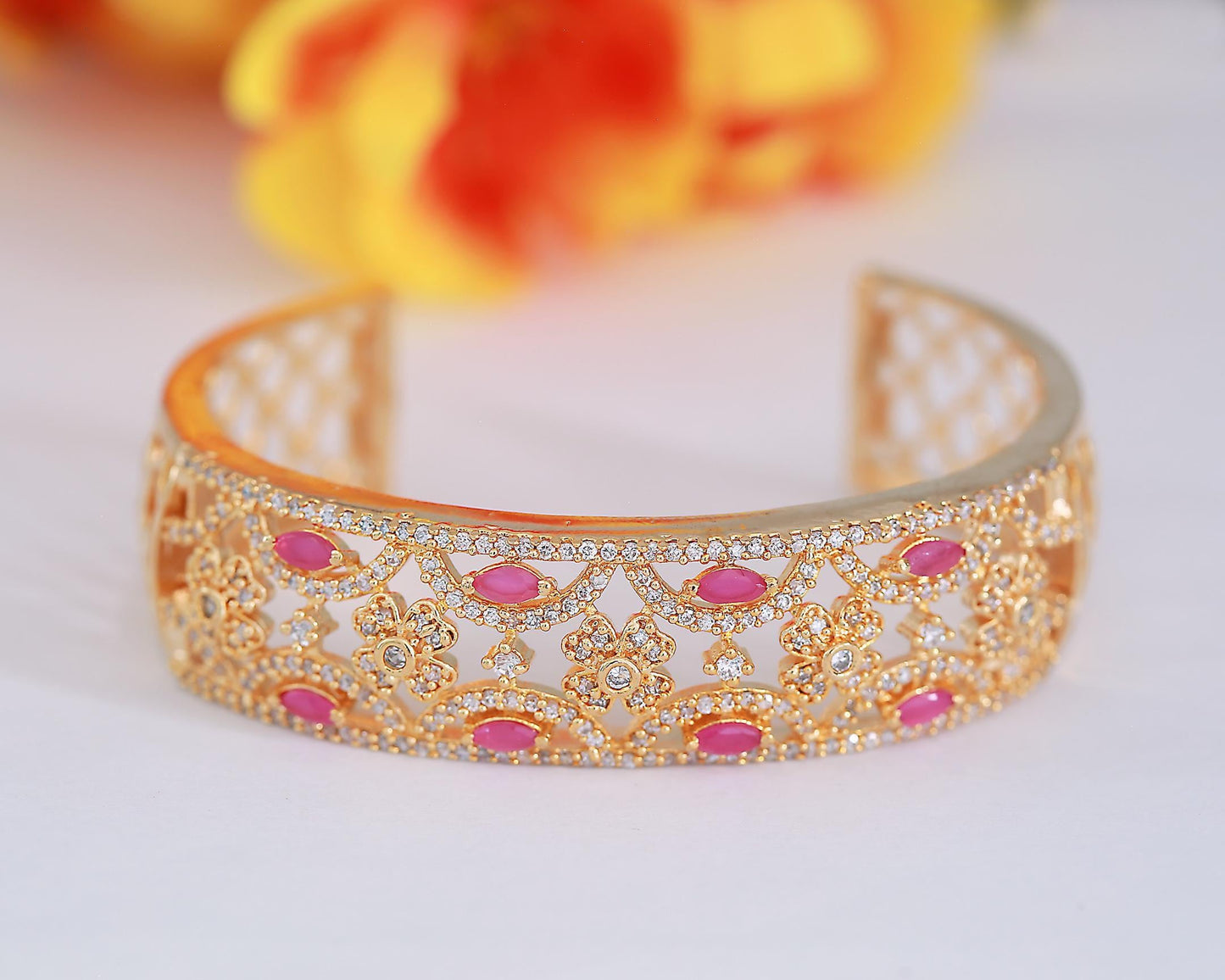 Gold-Plated Open Cuff Bangle with Floral and Ruby Accents| Filigree Design Women’s Bracelet| Statement Fashion Bangle| Luxury CZ Gold Bangle