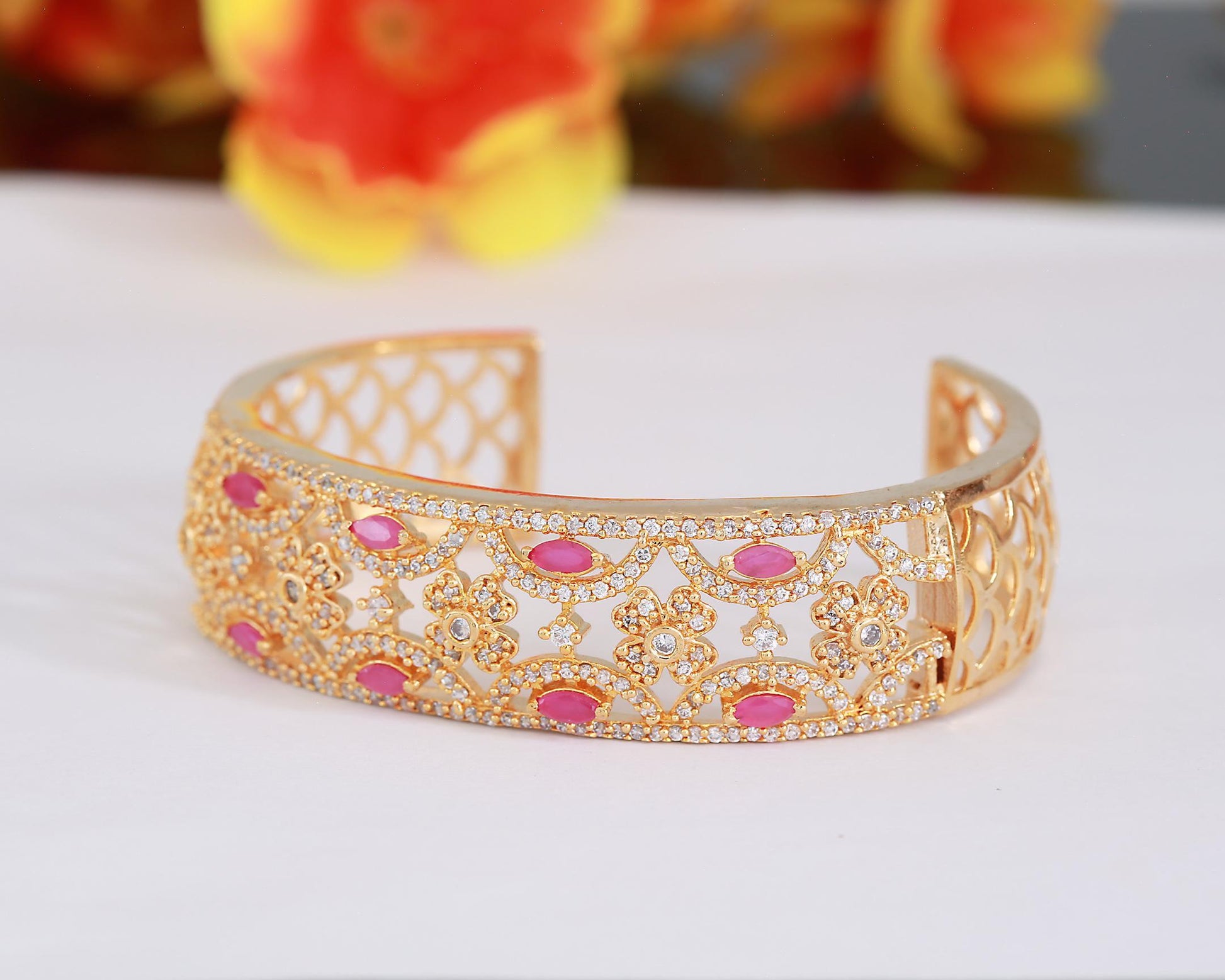 Gold-Plated Open Cuff Bangle with Floral and Ruby Accents| Filigree Design Women’s Bracelet| Statement Fashion Bangle| Luxury CZ Gold Bangle