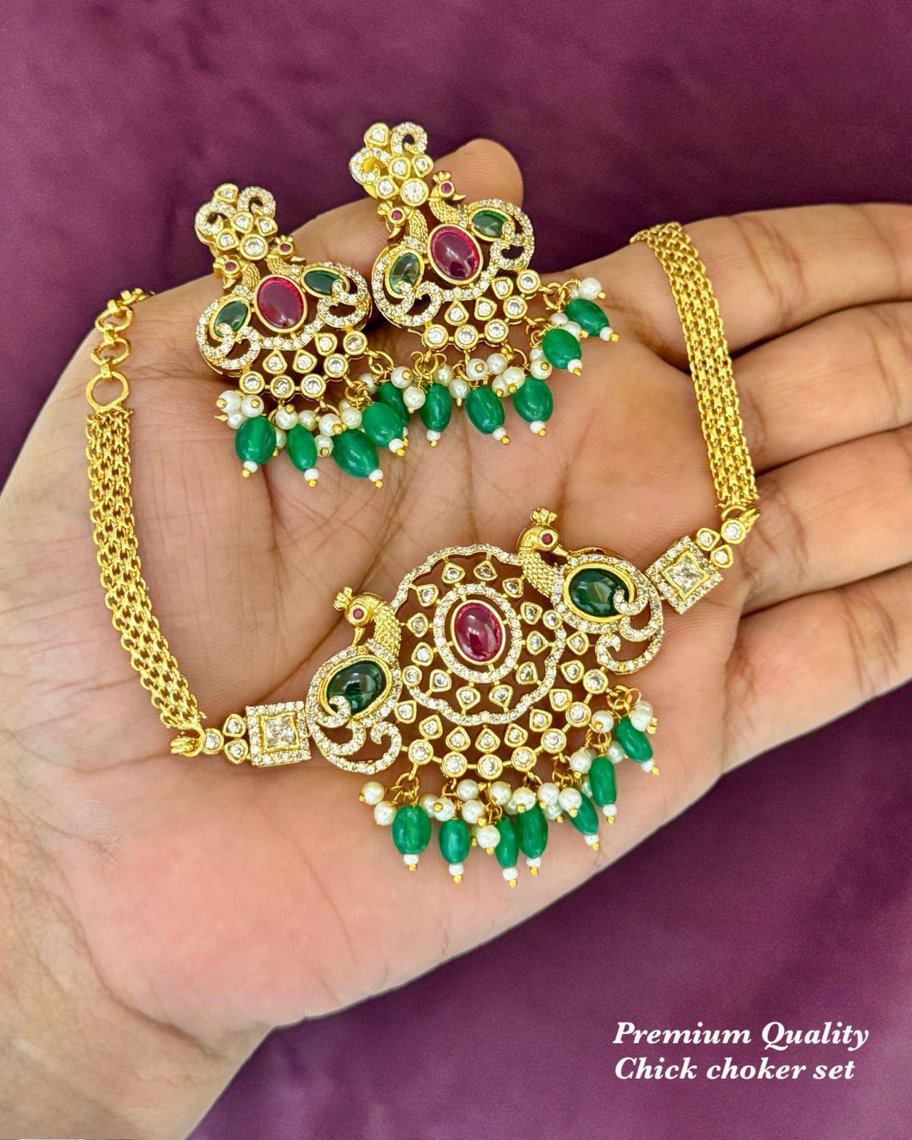 Peacock Design Choker Necklace Set with Matching Earrings|Gold Plated Chick Choker Necklace Set| South Indian Bridal Jewelry| Gift for her