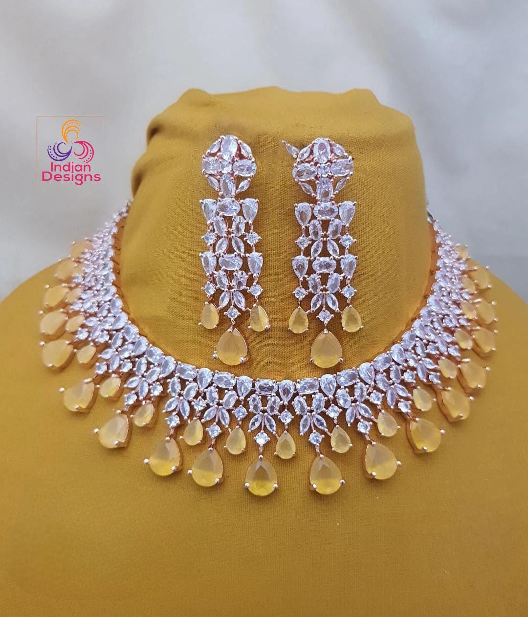 Rose gold Emerald Green American Diamond necklace|High Quality Cz Diamonds Mint Green stone Necklace Earrings Set|Indian WeddingJewelry| Gif