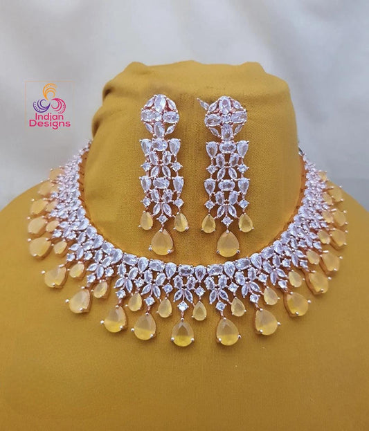 Rose gold Emerald Green American Diamond necklace|High Quality Cz Diamonds Mint Green stone Necklace Earrings Set|Indian WeddingJewelry| Gif