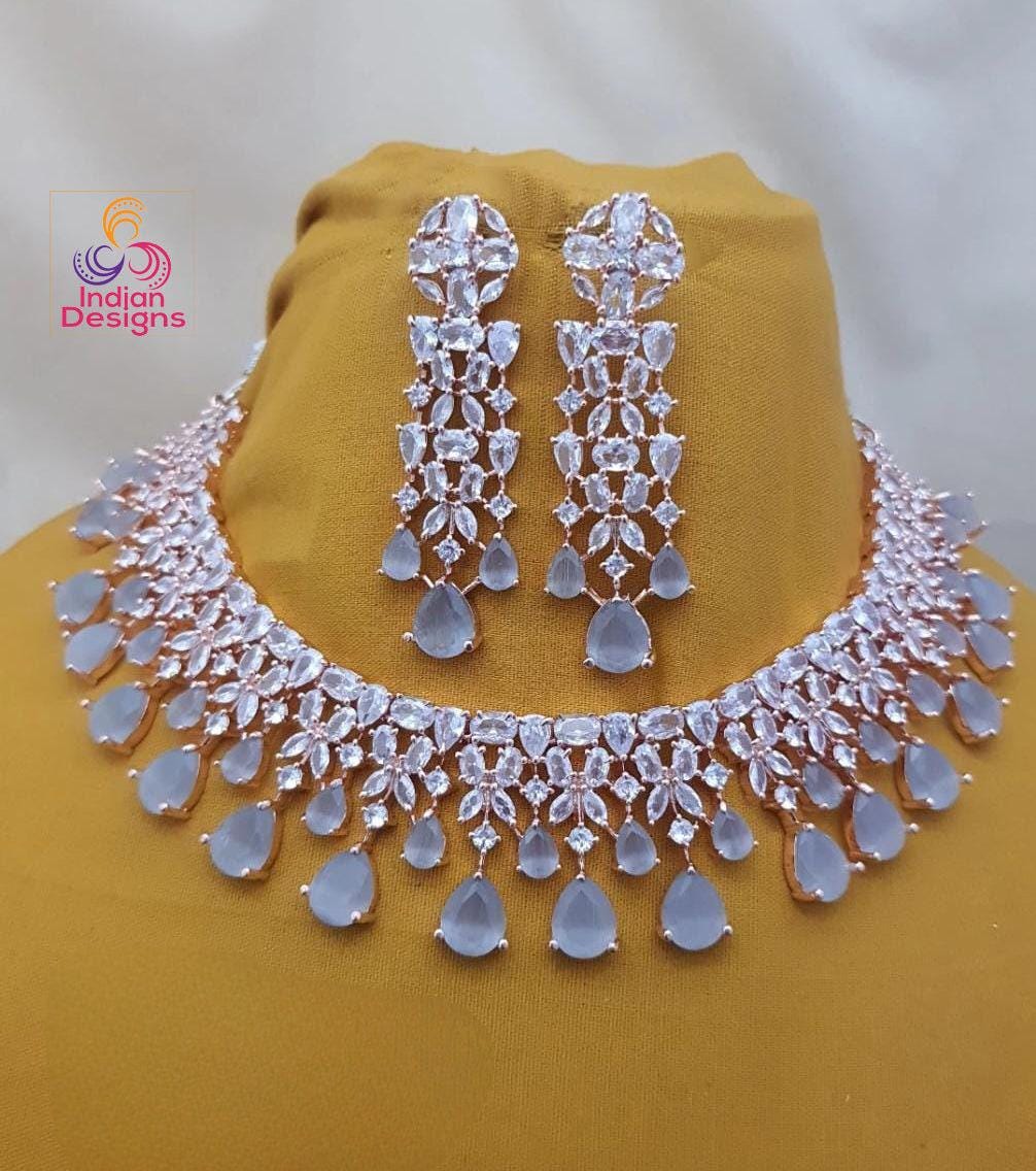 Rose gold Emerald Green American Diamond necklace|High Quality Cz Diamonds Mint Green stone Necklace Earrings Set|Indian WeddingJewelry| Gif