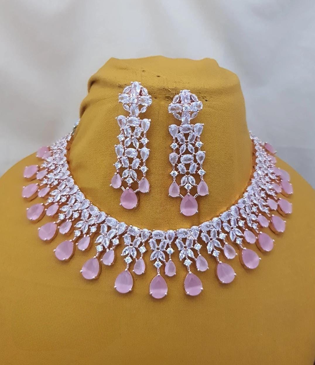 Rose gold Emerald Green American Diamond necklace|High Quality Cz Diamonds Mint Green stone Necklace Earrings Set|Indian WeddingJewelry| Gif