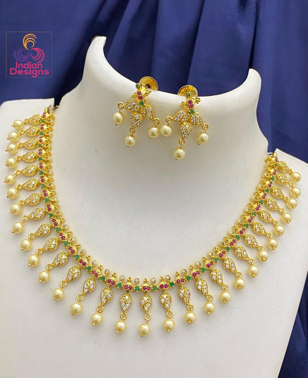 Gold Plated Ruby & Pearl Necklace Set with Earrings| wedding necklace earrings|ad stone necklace set| American Diamond necklace|Gift for her