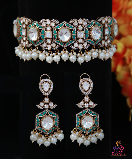 Victorian Finish AD choker Earrings set| Statement Wedding choker Necklace| American Diamond Bridal jewelry|Cz Diamond Necklace|Gift for her