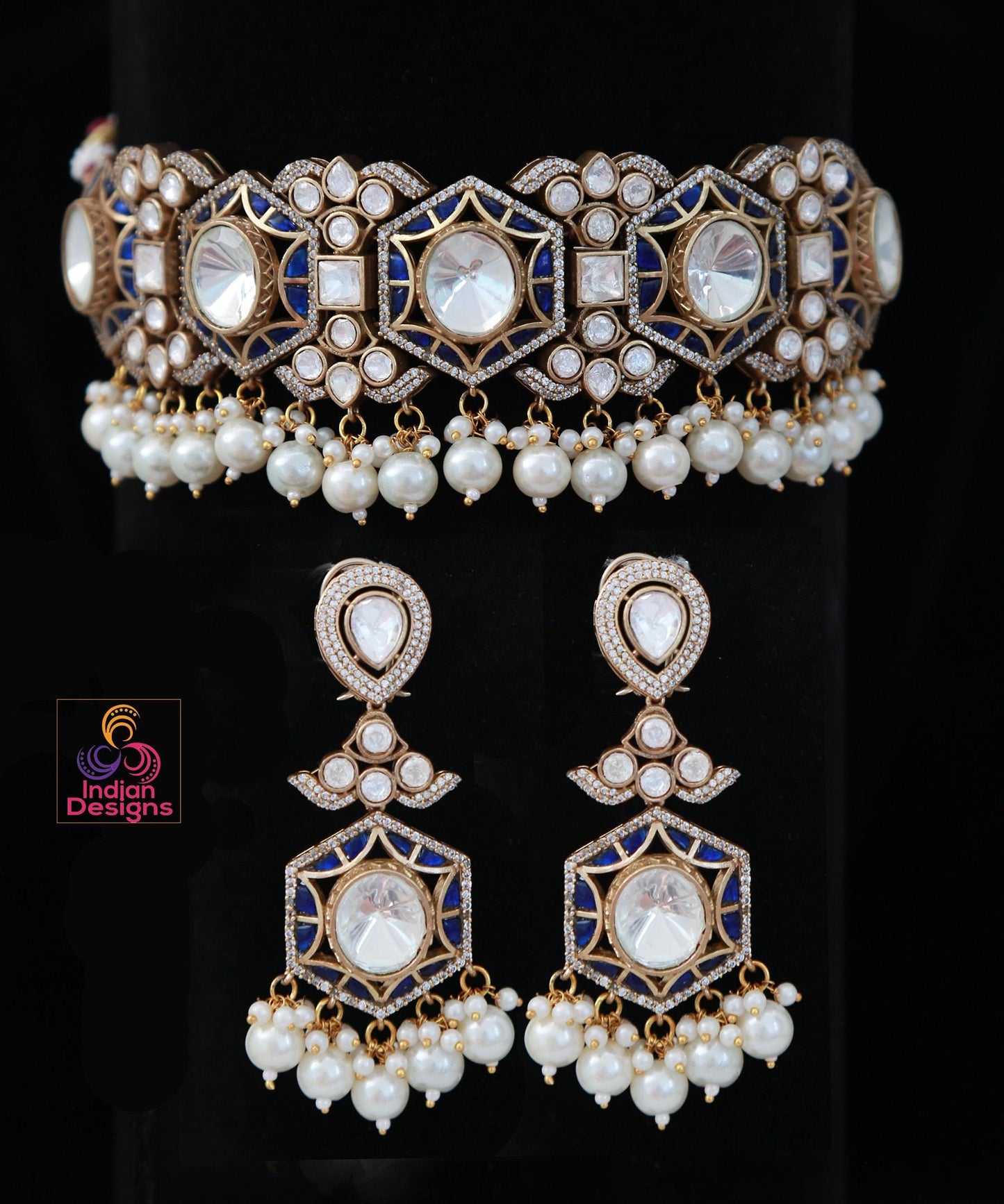 Victorian Finish AD choker Earrings set| Statement Wedding choker Necklace| American Diamond Bridal jewelry|Cz Diamond Necklace|Gift for her