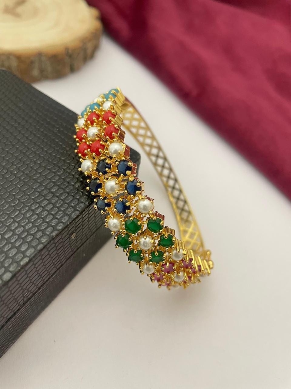 Multicolor Stone and Pearl Gold Plated Bangle Bracelet| Cuff Bracelet for Weddings| Gold Plated Real Pearl Bracelet with Ruby Emerald stone
