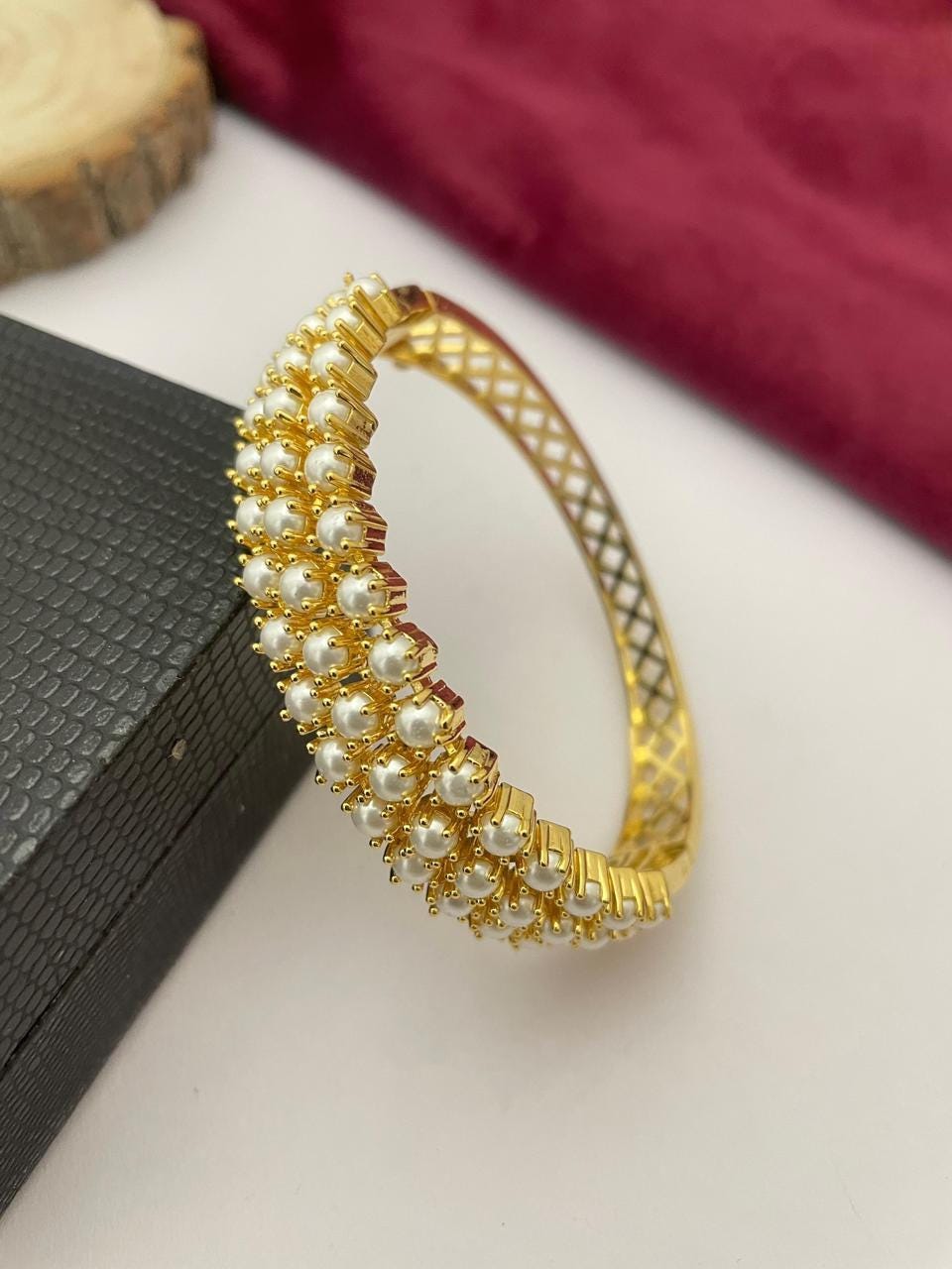 Multicolor Stone and Pearl Gold Plated Bangle Bracelet| Cuff Bracelet for Weddings| Gold Plated Real Pearl Bracelet with Ruby Emerald stone