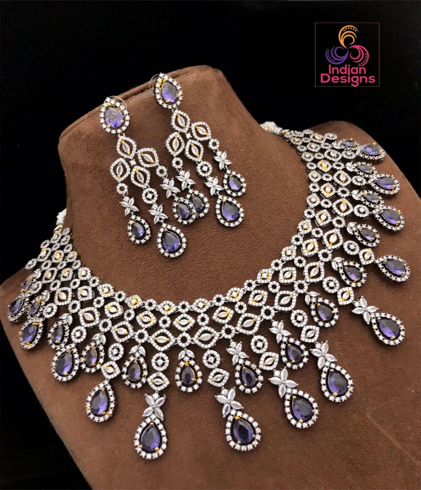 Luxury Victorian Finish American Diamond Wedding Jewelry | Statement Necklace | Indian Bollywood Style CZ Diamond Choker set | Gift for her