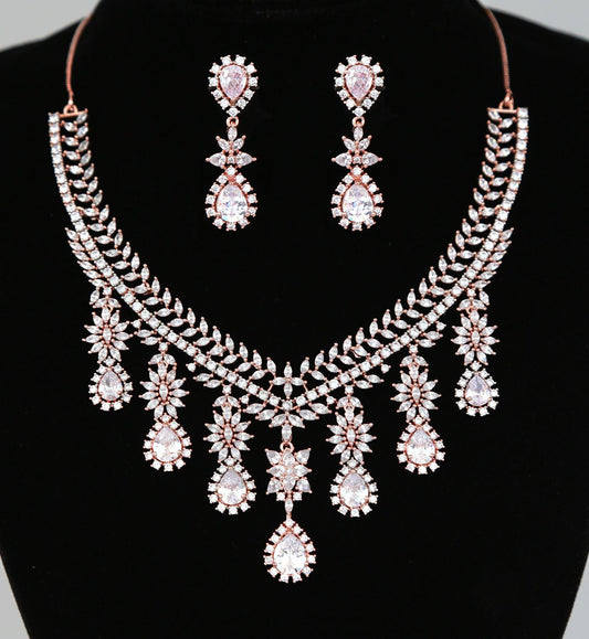Rose Gold CZ White Stones Necklace - Statement jewelry American Diamond Jewelry for Indian and Pakistani Bridal, Bollywood and Indian Weddin