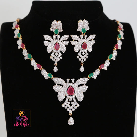 Beautiful American Diamond Necklace & Earrings| CZ Diamond Ruby Emerald Necklace| Party wear Jewelry| Fashion Wedding Necklace| Gift for her