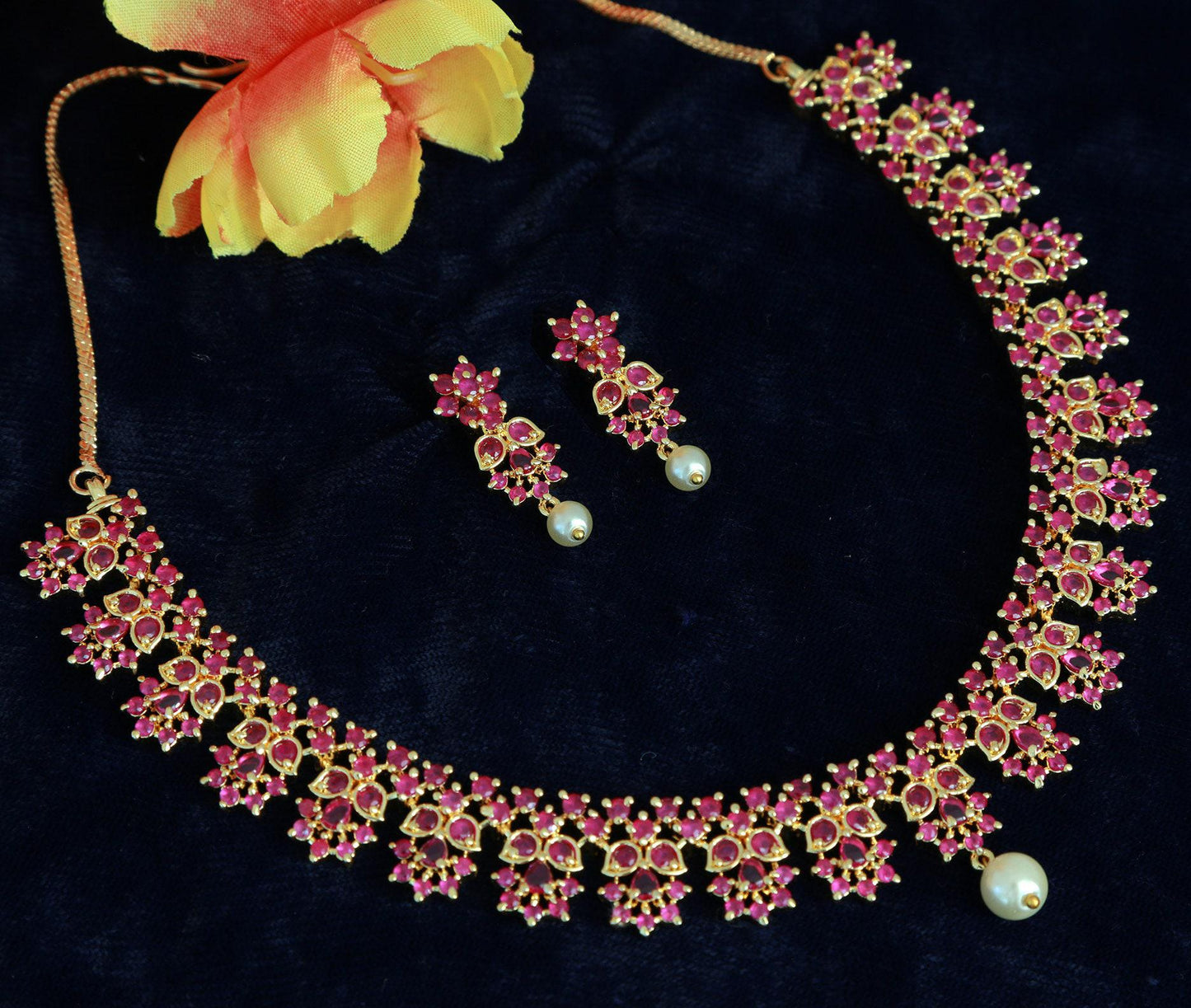 South Indian CZ Necklace jewelry design | American diamond choker necklace set | Gold tone emerald necklace | Ruby stone flower necklace
