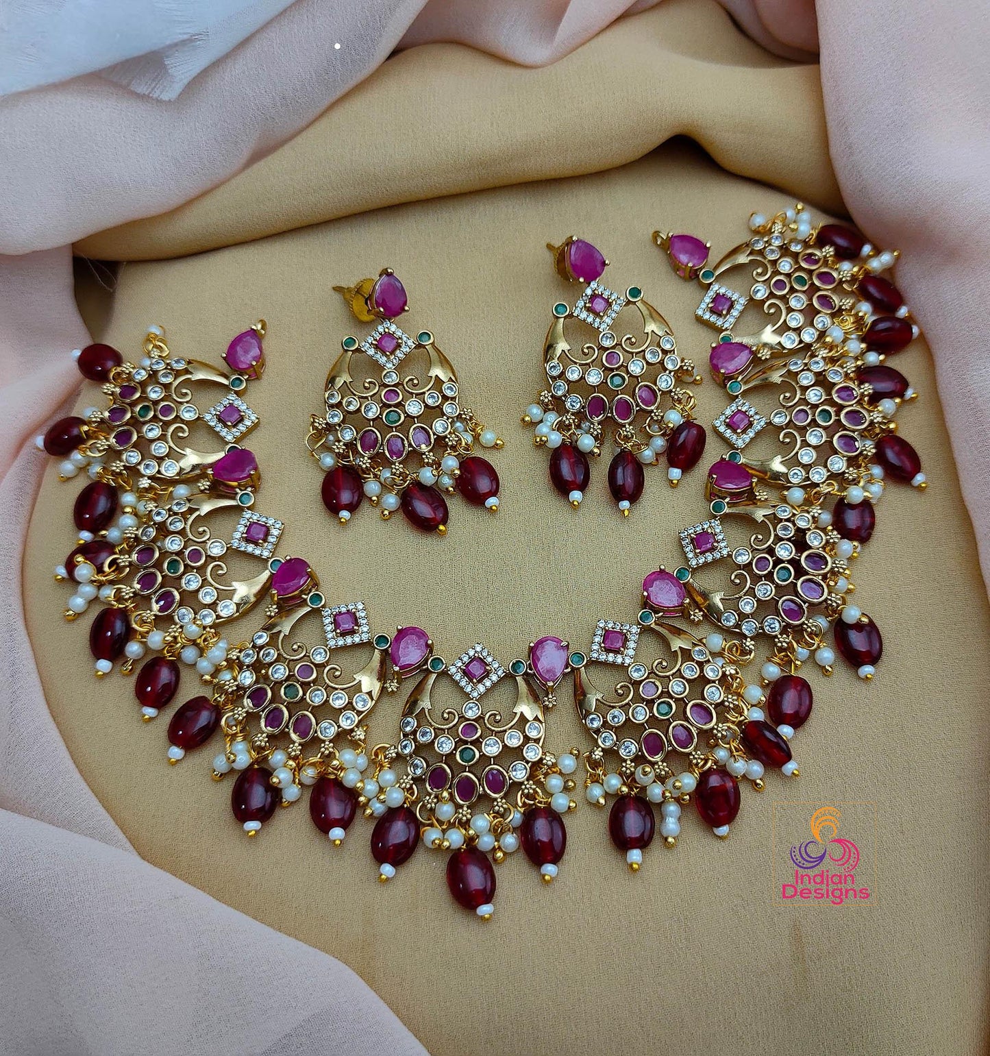 Exclusive Real Kemp stone South Indian Necklace |Matte Gold plated Crescent Moon Ruby green and Diamond stones South Indian Wedding Necklace