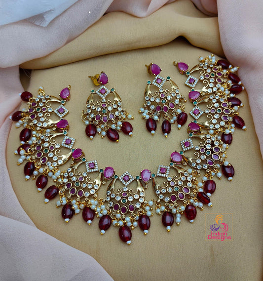 Exclusive Real Kemp stone South Indian Necklace |Matte Gold plated Crescent Moon Ruby green and Diamond stones South Indian Wedding Necklace