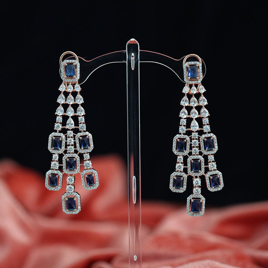Bridal Chandelier Earrings| Emerald Cut Crystal Dangle Earrings| Statement Indian Wedding Jewelry| Ruby Blue Sapphire Pink Drop Earrings