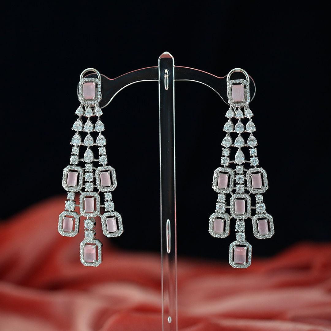 Bridal Chandelier Earrings| Emerald Cut Crystal Dangle Earrings| Statement Indian Wedding Jewelry| Ruby Blue Sapphire Pink Drop Earrings