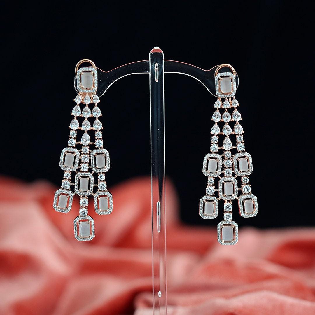 Bridal Chandelier Earrings| Emerald Cut Crystal Dangle Earrings| Statement Indian Wedding Jewelry| Ruby Blue Sapphire Pink Drop Earrings