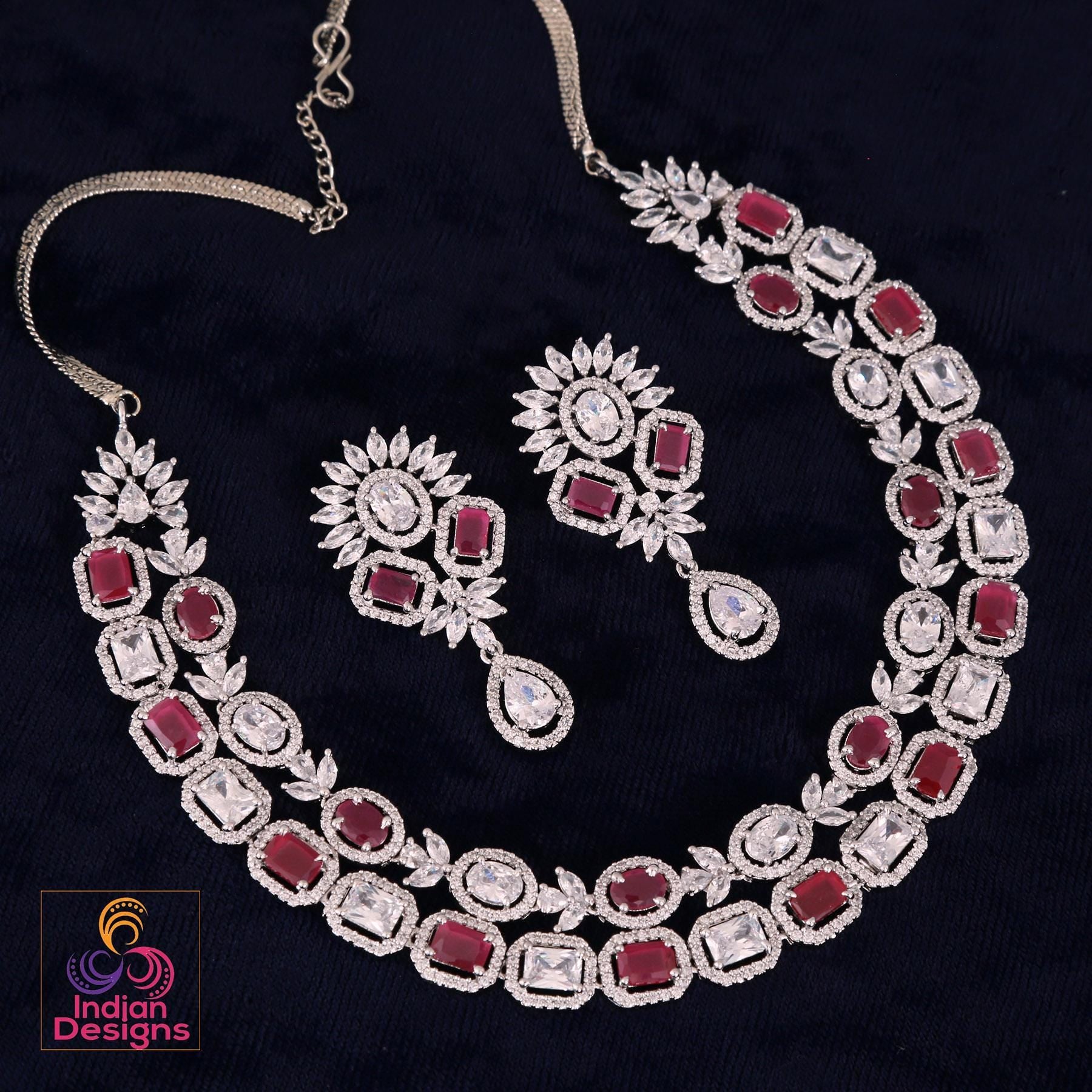 American diamond double line necklace set| cz stone party wear