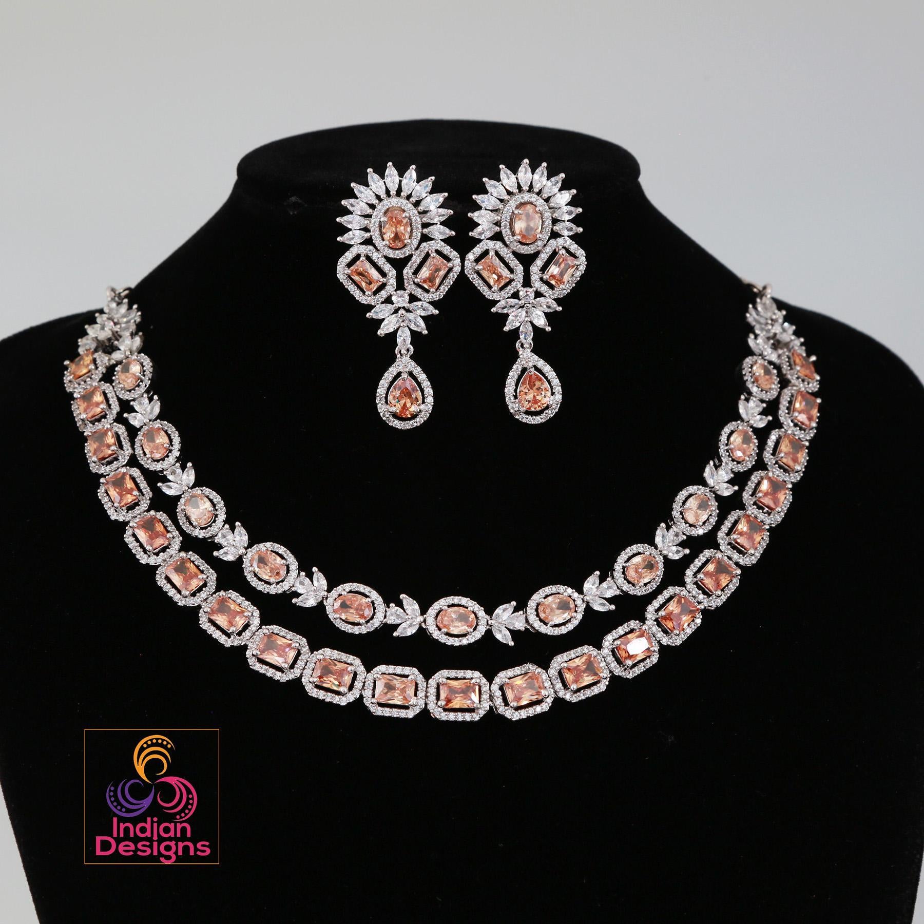 American diamond double line necklace set| cz stone party wear
