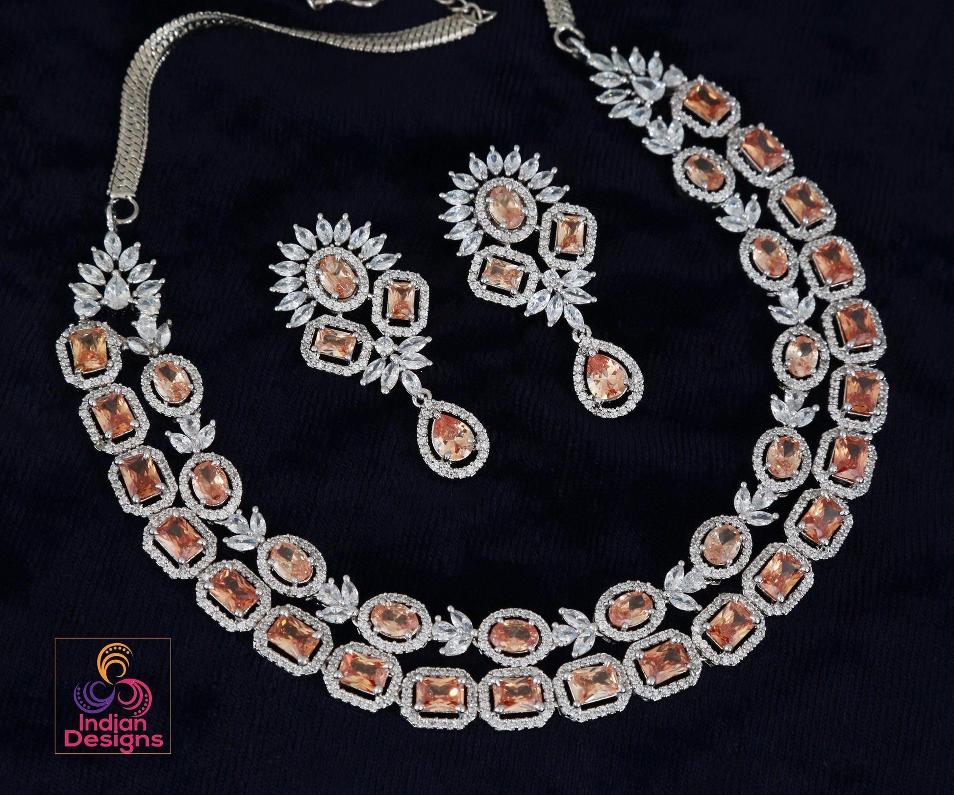 American Diamond Double line necklace set| CZ stone Party Wear Jewelry| Indian Wedding party wear jewelry| Statement Jewelry Indian Designs