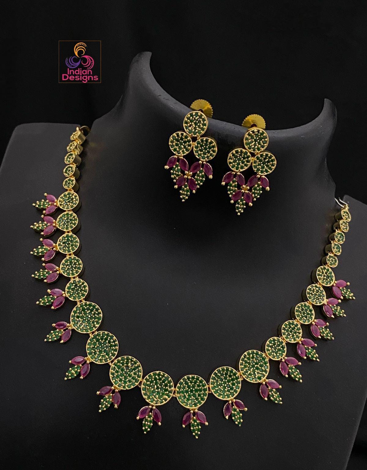 Round AD Stone Necklace Set| Gold Plated Choker with Earrings| American Diamond Ruby Green CZ Necklace| South Indian style Set| Gift for Her