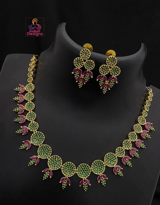 Round AD Stone Necklace Set| Gold Plated Choker with Earrings| American Diamond Ruby Green CZ Necklace| South Indian style Set| Gift for Her