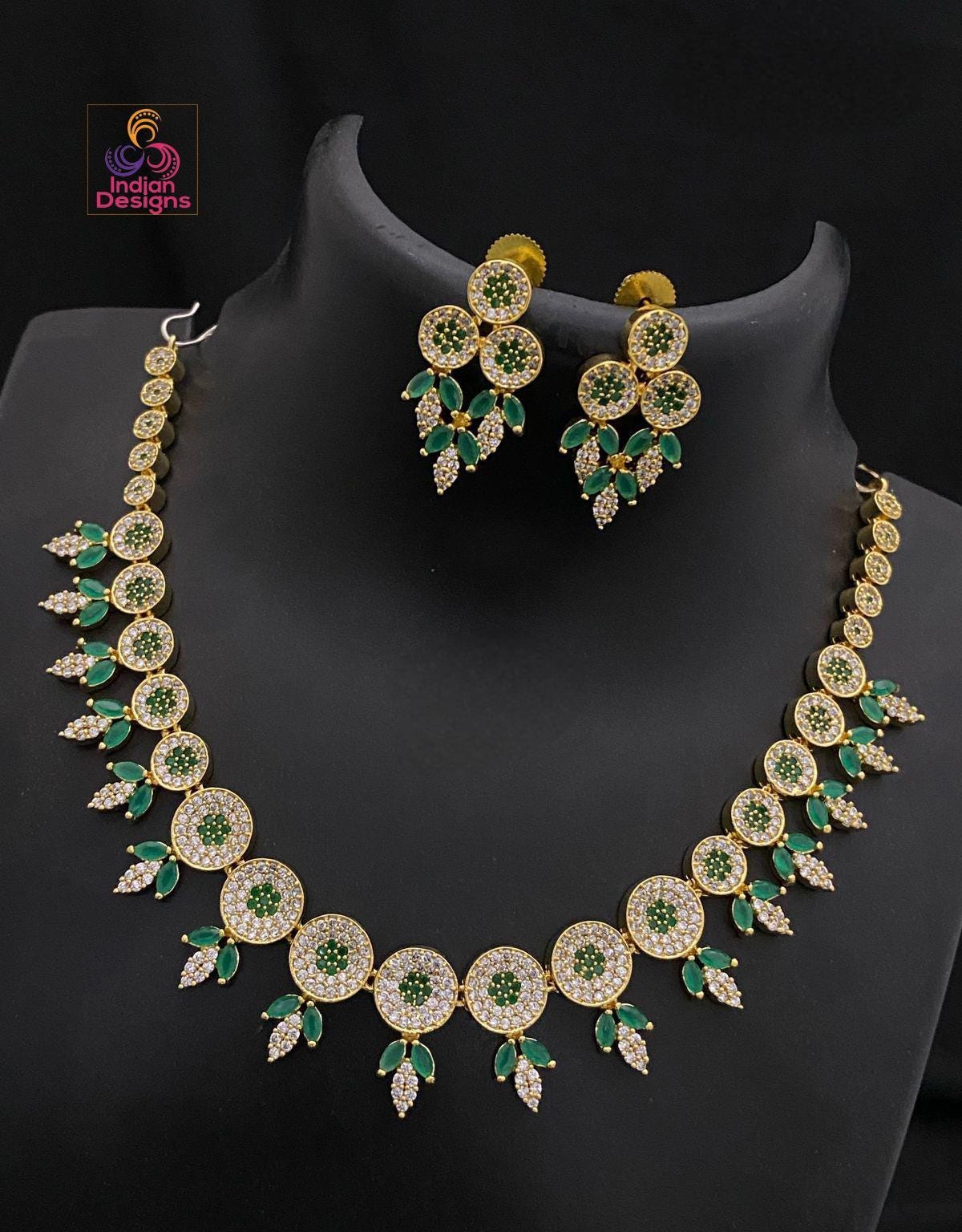 Round AD Stone Necklace Set| Gold Plated Choker with Earrings| American Diamond Ruby Green CZ Necklace| South Indian style Set| Gift for Her