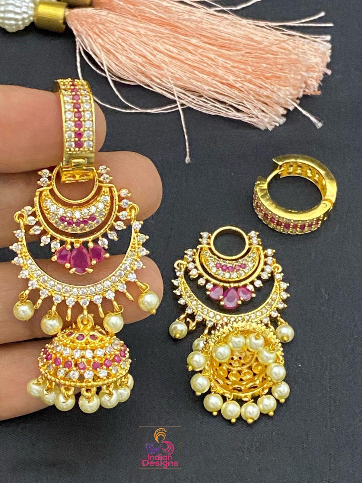 Gold Plated chandbali Jhumka Earrings | American Diamond CZ Bridal bali jhumka earrings | Bridal earrings for indian wedding | Jhumka jhumki
