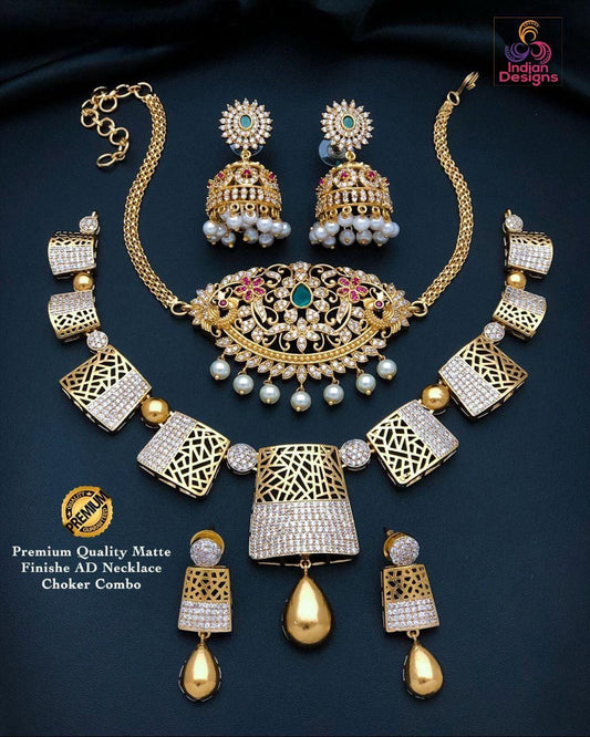 Matte Gold Choker & Short Necklace Combo Set| Wedding Combo Jewelry Set| AD Stone Ruby and Pearl Indian Temple jewelry set| Gift for her