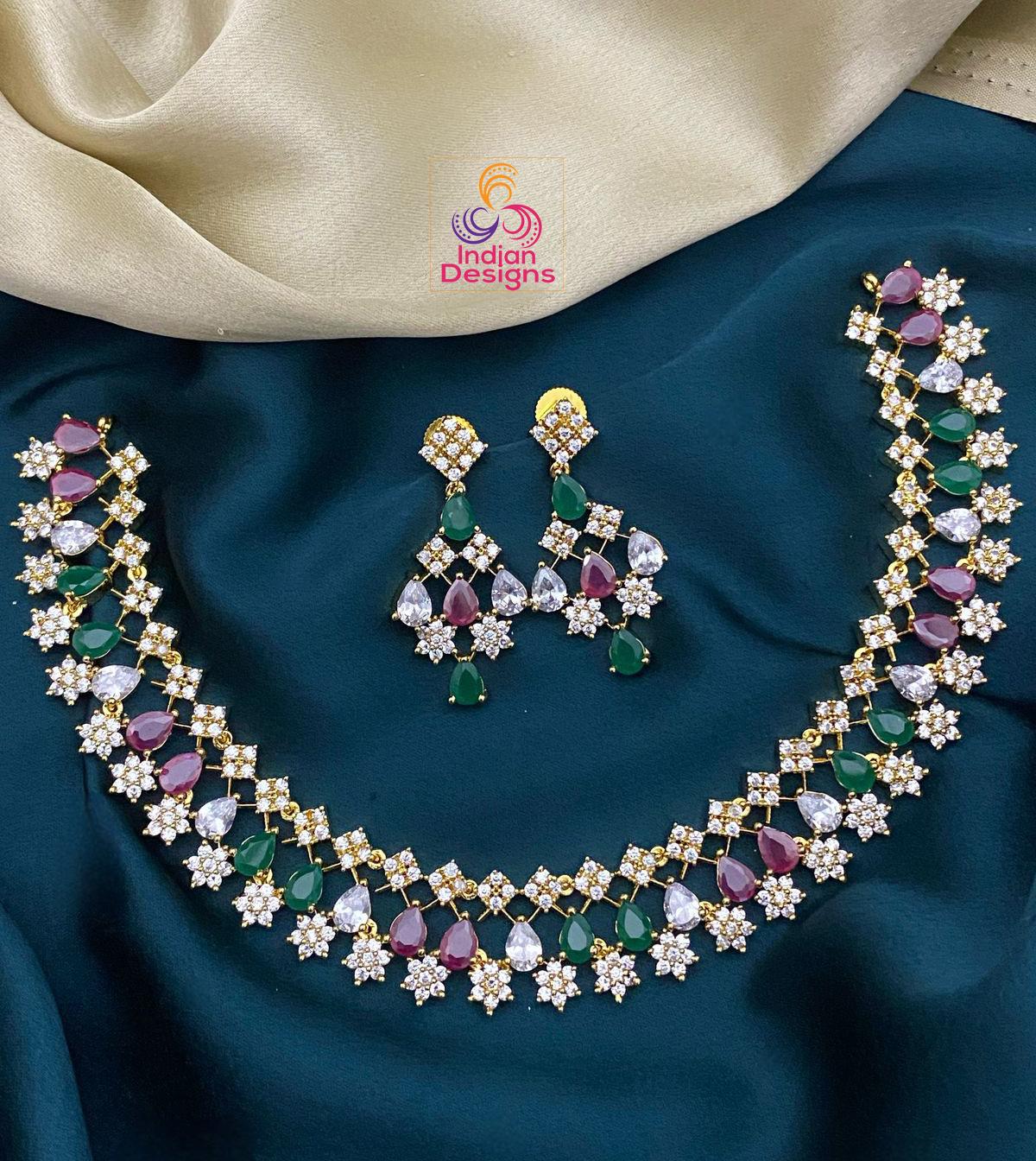 American Diamond Crystal necklace earring set | CZ Star diamond necklace design | Indian wedding bridal choker | Multi Colored stone jewelry