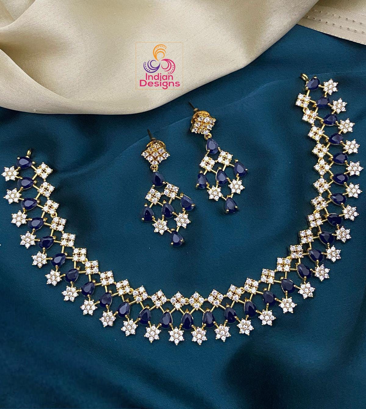 American Diamond Crystal necklace earring set | CZ Star diamond necklace design | Indian wedding bridal choker | Multi Colored stone jewelry