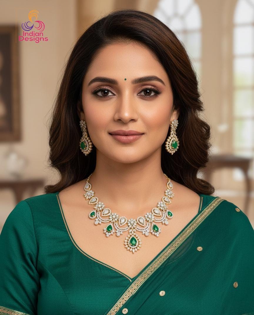 Indian wedding ad choker necklace & earrings| gold plated, ruby or emerald green american diamond necklace| statement necklace| gift for her