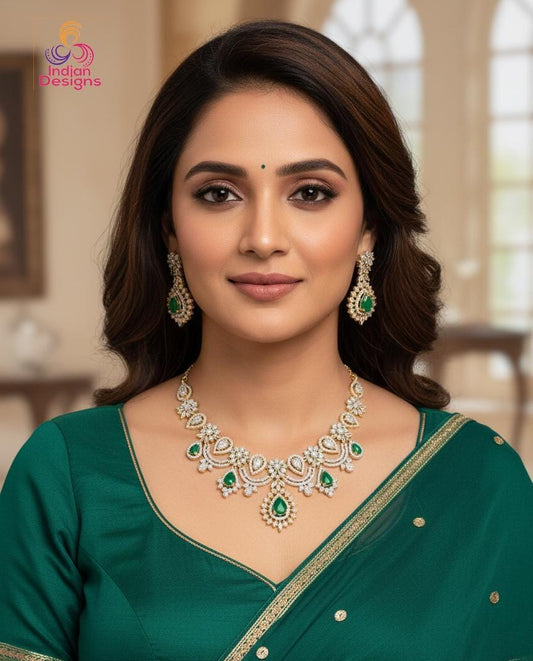 Indian wedding ad choker necklace & earrings| gold plated, ruby or emerald green american diamond necklace| statement necklace| gift for her