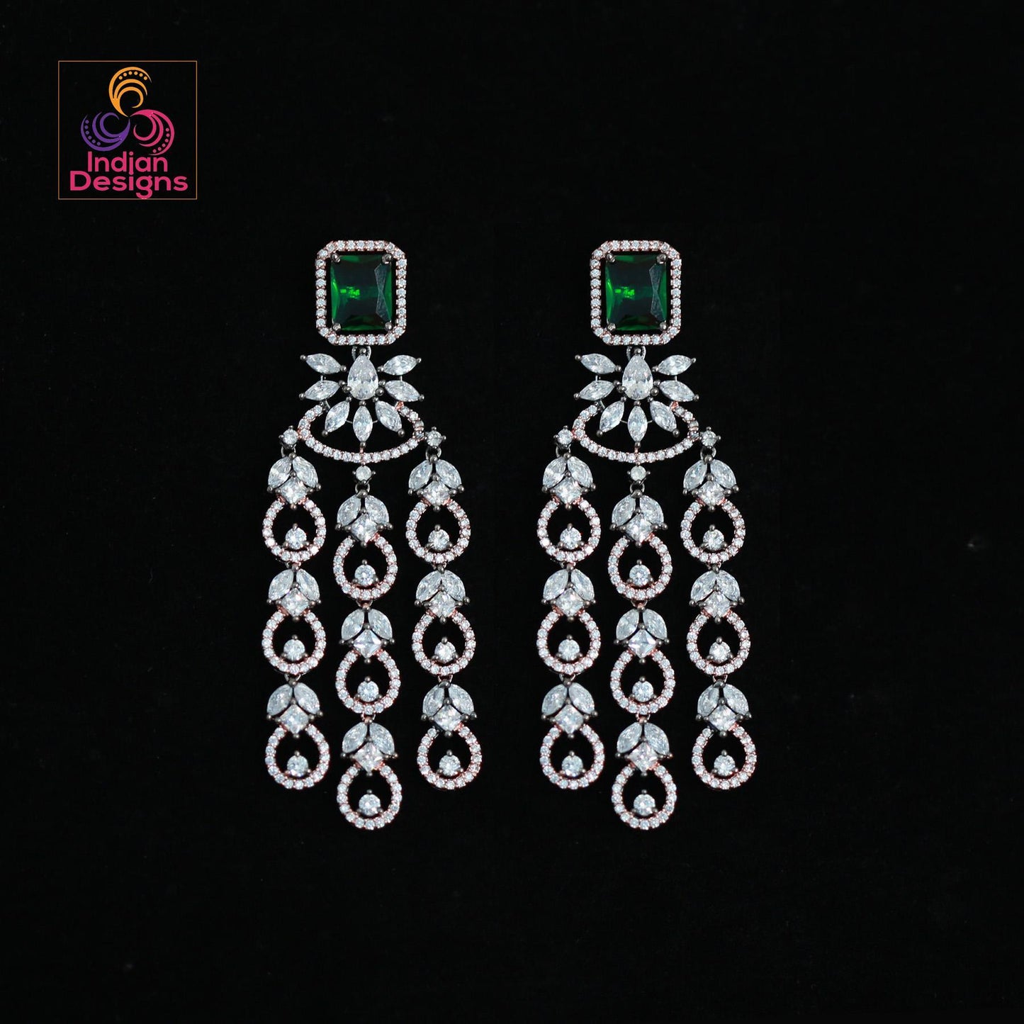 Rose gold American diamond earrings | Mint green earrings dangle Indian Bollywood style | Marquise diamond 3 strand earrings | IndianDesigns