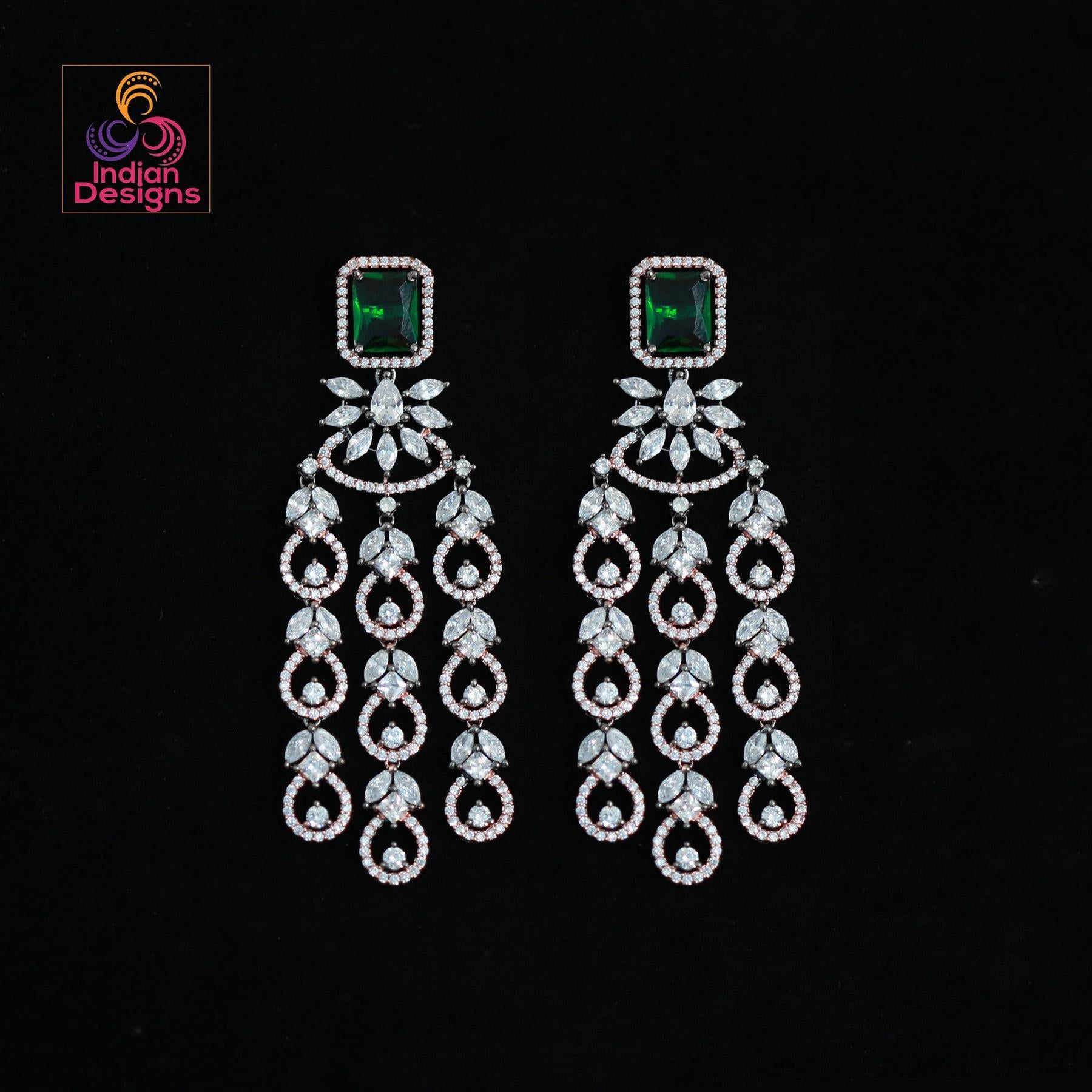 Rose gold American diamond earrings | Mint green earrings dangle Indian Bollywood style | Marquise diamond 3 strand earrings | IndianDesigns
