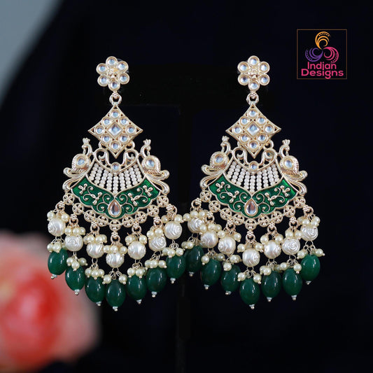 Green Meenakari Kundan Chandbali Earrings| Party Wear Long Earring| Bollywood Bridal Earrings| Indian Wedding Earrings| Pakistani Earrings