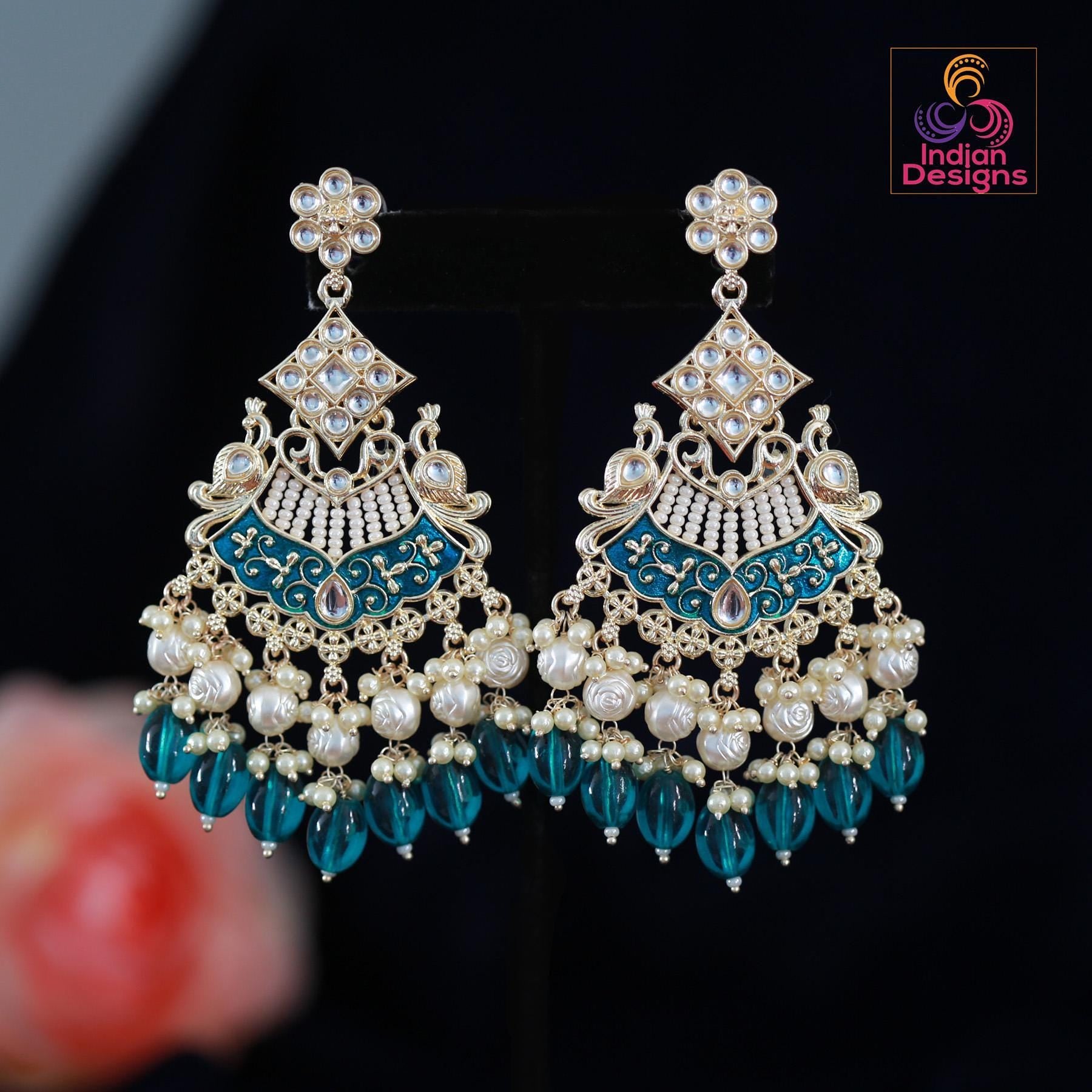 Green Meenakari Kundan Chandbali Earrings| Party Wear Long Earring| Bollywood Bridal Earrings| Indian Wedding Earrings| Pakistani Earrings
