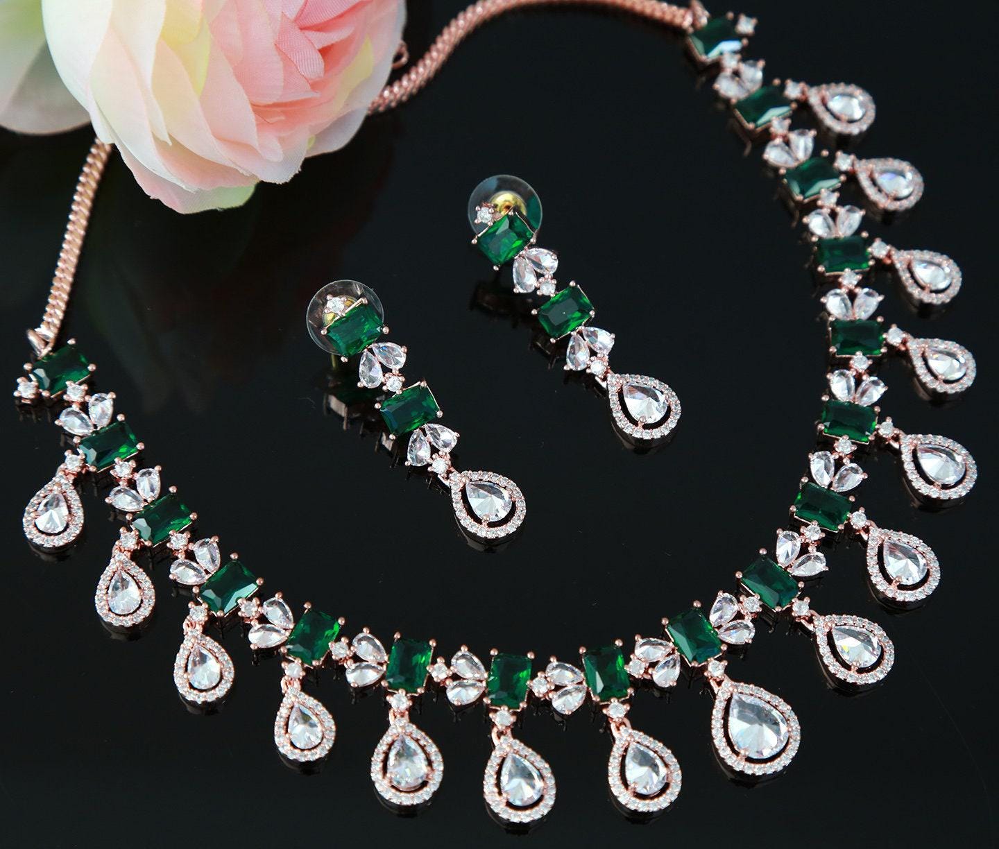 Rose Gold American diamond necklace set | Pear shaped drop CZ diamond necklace | Indian jewelry ruby necklace | Bollywood jewelry sets