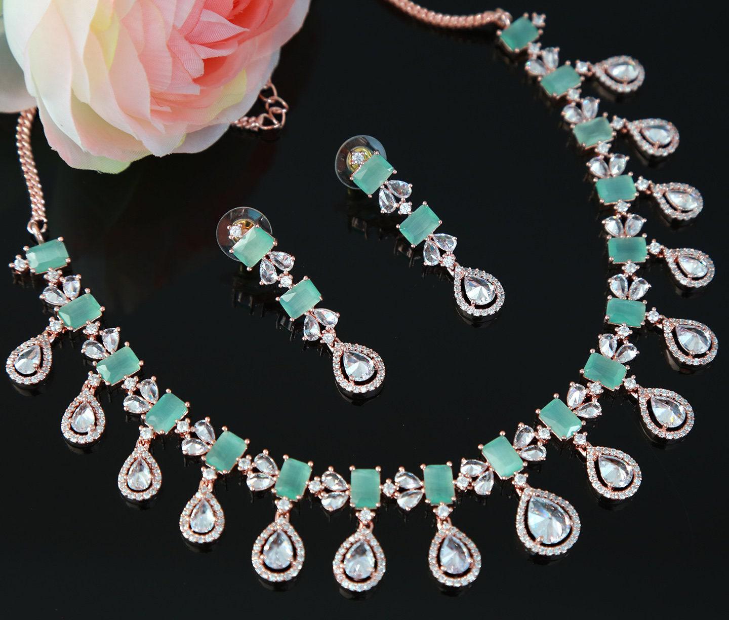 Rose Gold American diamond necklace set | Pear shaped drop CZ diamond necklace | Indian jewelry ruby necklace | Bollywood jewelry sets