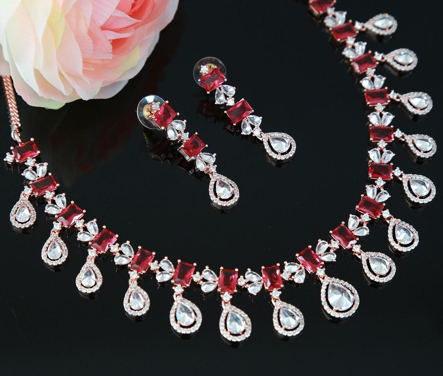Rose Gold American diamond necklace set | Pear shaped drop CZ diamond necklace | Indian jewelry ruby necklace | Bollywood jewelry sets