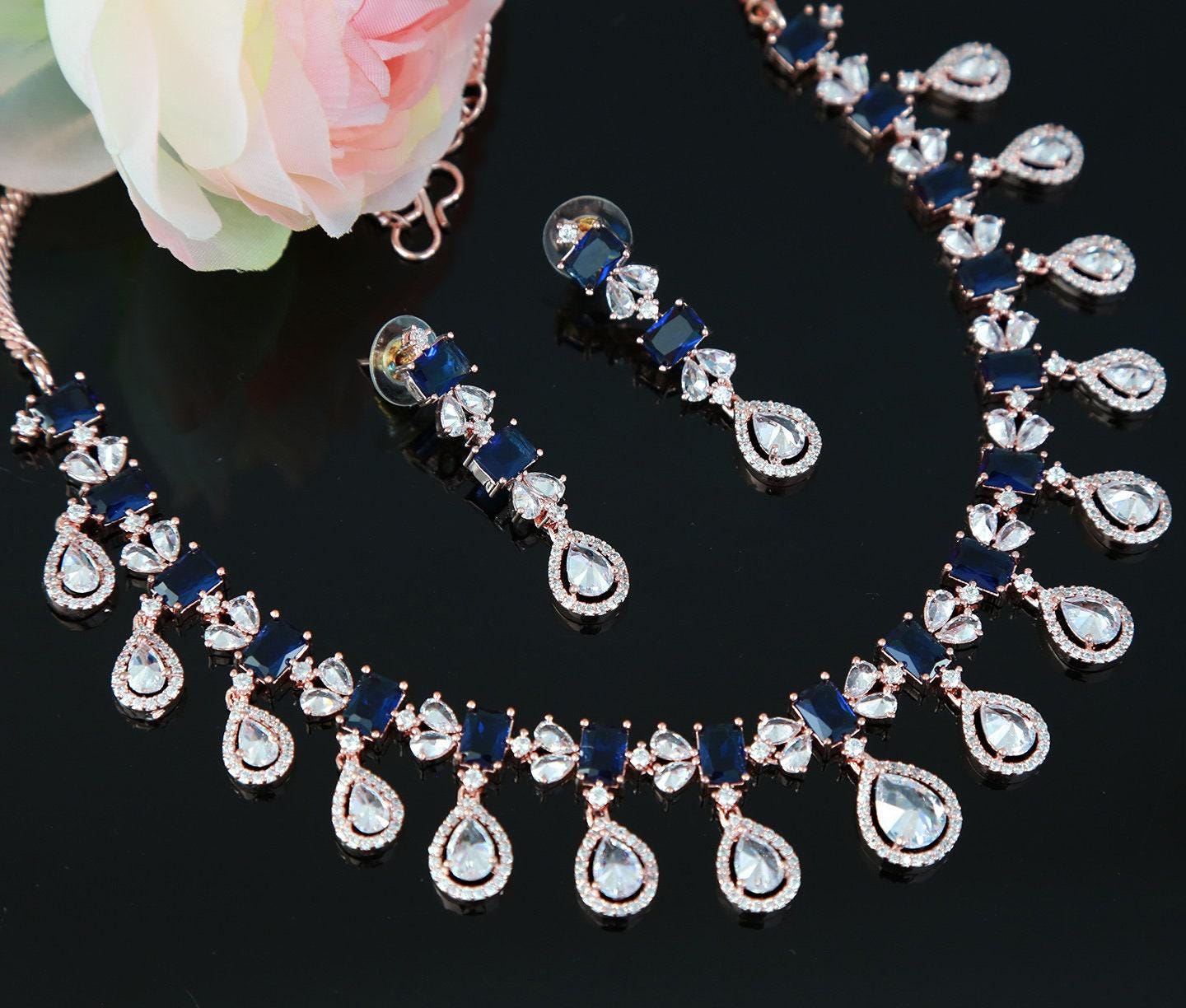 Rose Gold American diamond necklace set | Pear shaped drop CZ diamond necklace | Indian jewelry ruby necklace | Bollywood jewelry sets