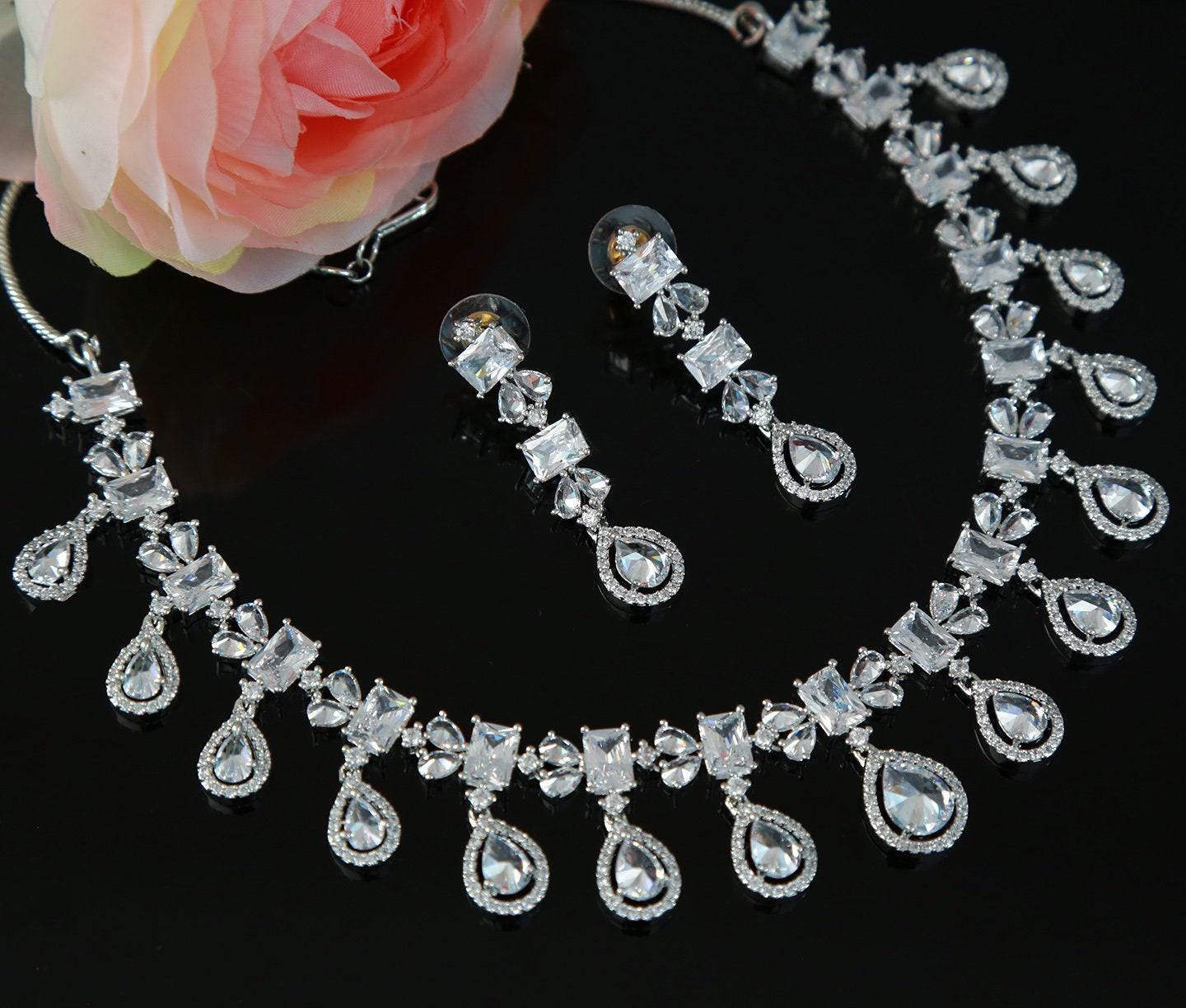 Rose Gold American diamond necklace set | Pear shaped drop CZ diamond necklace | Indian jewelry ruby necklace | Bollywood jewelry sets
