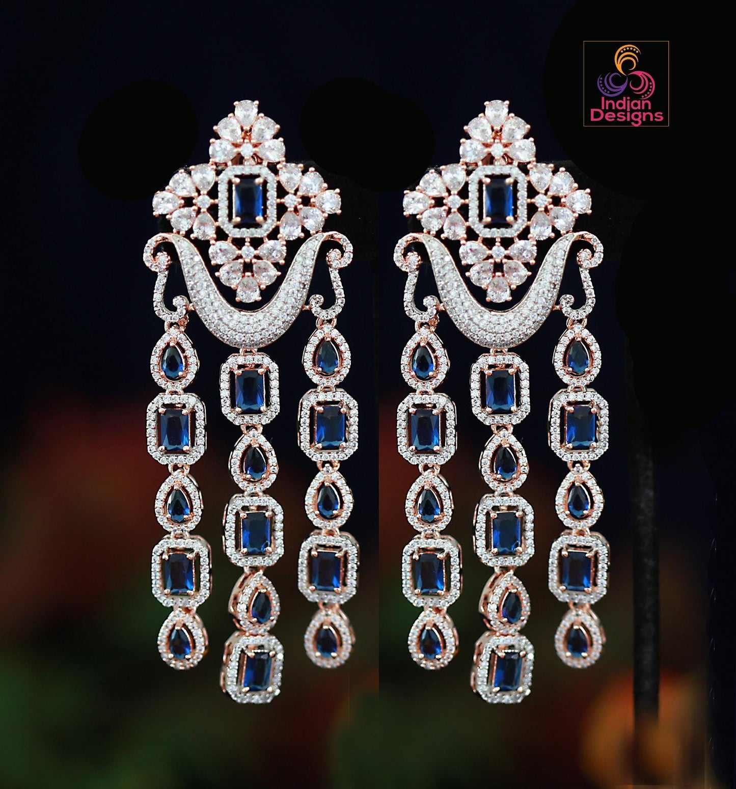 Long AD Earrings| Indian Bridal Dangle Earrings| Statement Party Jewelry| Available in Blue, Pink, Mint Green, & White Stones| Gift for her
