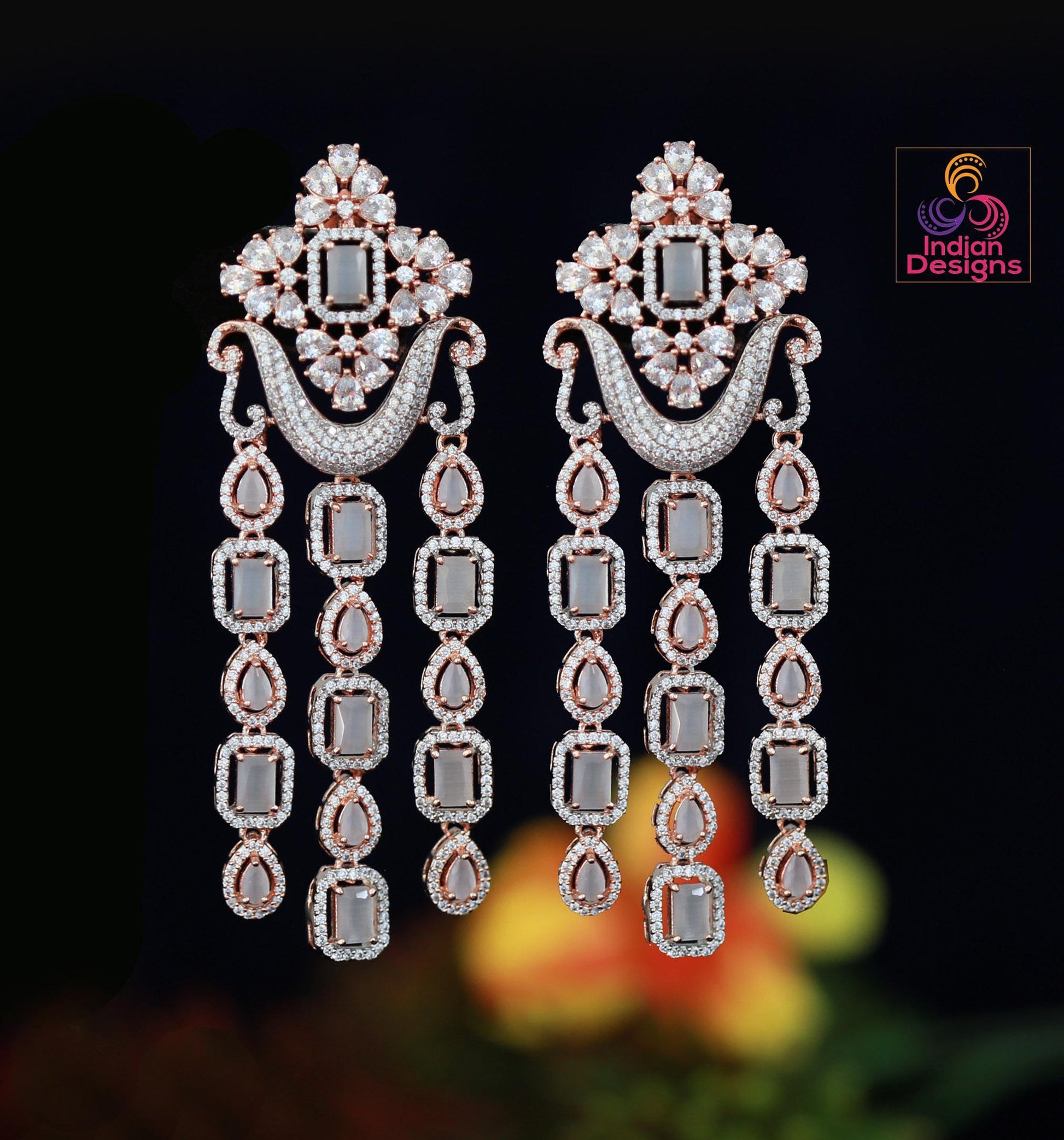 Long AD Earrings| Indian Bridal Dangle Earrings| Statement Party Jewelry| Available in Blue, Pink, Mint Green, & White Stones| Gift for her