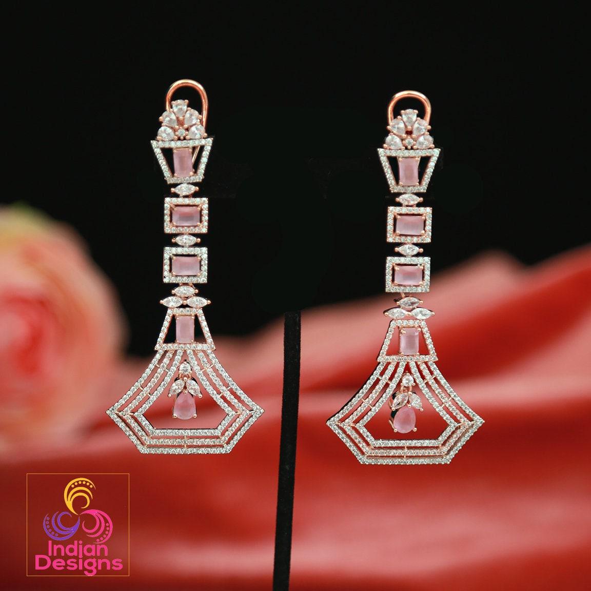 Rose Gold American Diamond chandelier earrings| Elegant Statement Earrings for wedding| Indian Wedding CZ AD Crystal Earrings| Gift for her