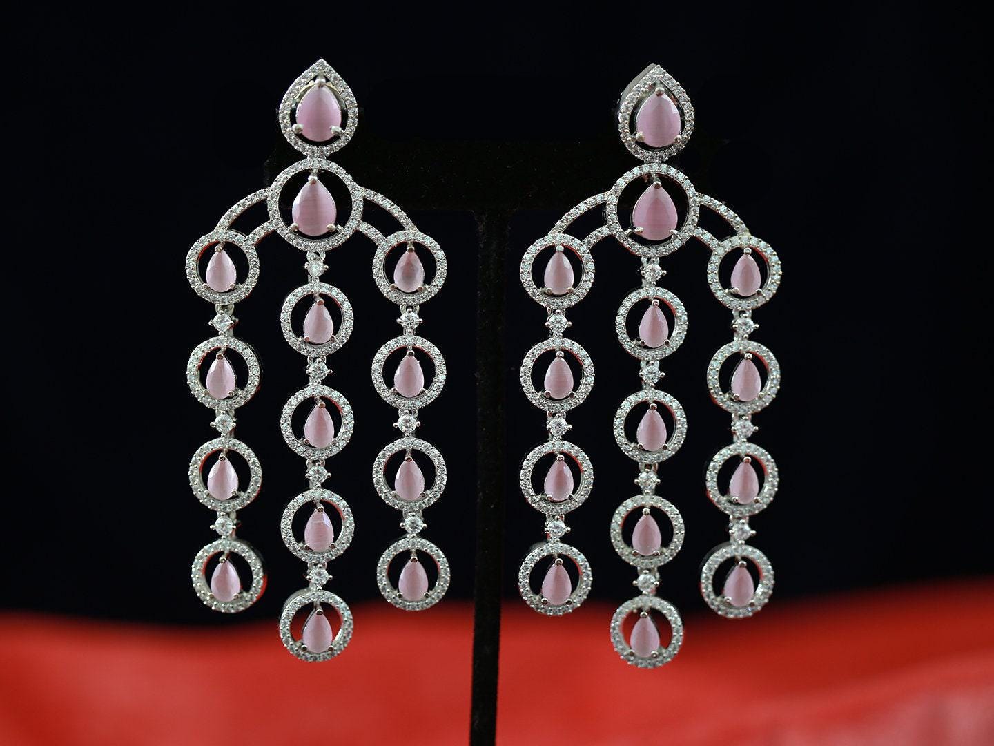 Crystal chandelier earrings for wedding | Silver teardrop dangle earrings | Cz bridal chandelier earrings | Triple strand long drop earrings