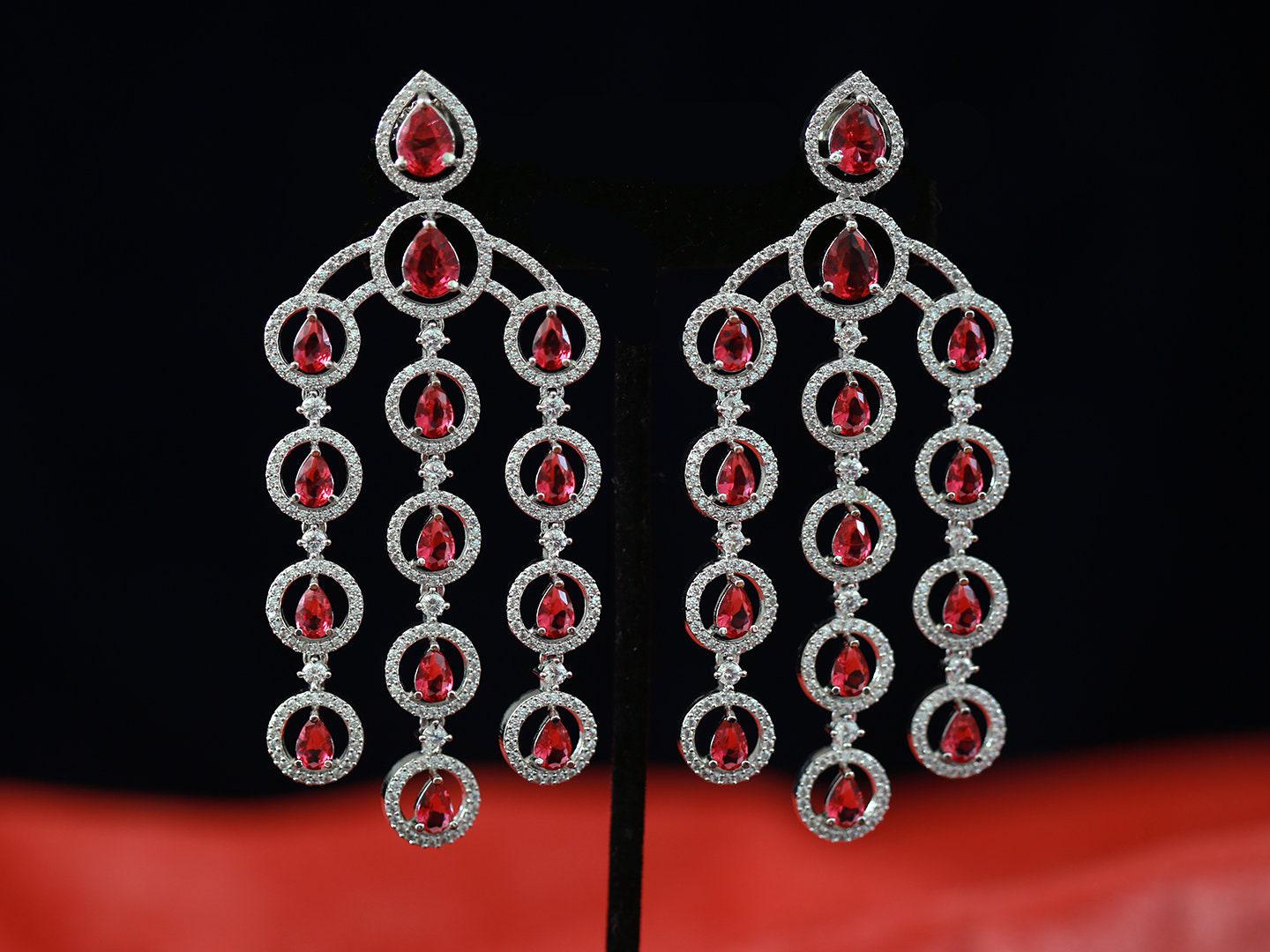 Crystal chandelier earrings for wedding | Silver teardrop dangle earrings | Cz bridal chandelier earrings | Triple strand long drop earrings
