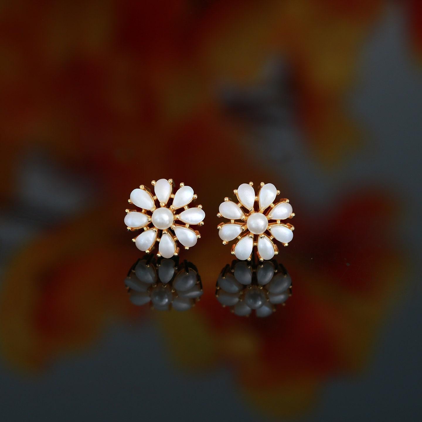 Pearl Flower Stud Earrings in Gold Setting | Real Pearl Stud Earrings 18K Gold Pearl Earrings tops |Trendy Stud earrings |Wedding Earrings