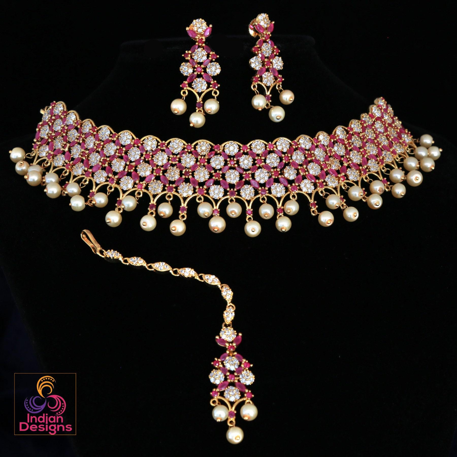 Luxurious Pink Ruby and Pearl Bridal Jewelry Set with Earrings and Maang Tikka