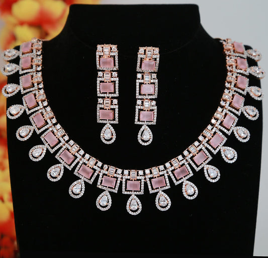 Elegant Rose Gold-Plated Necklace Set with Pink Square Stones and CZ Stones| Statement Wedding & Party Wear Necklace with Matching Earrings